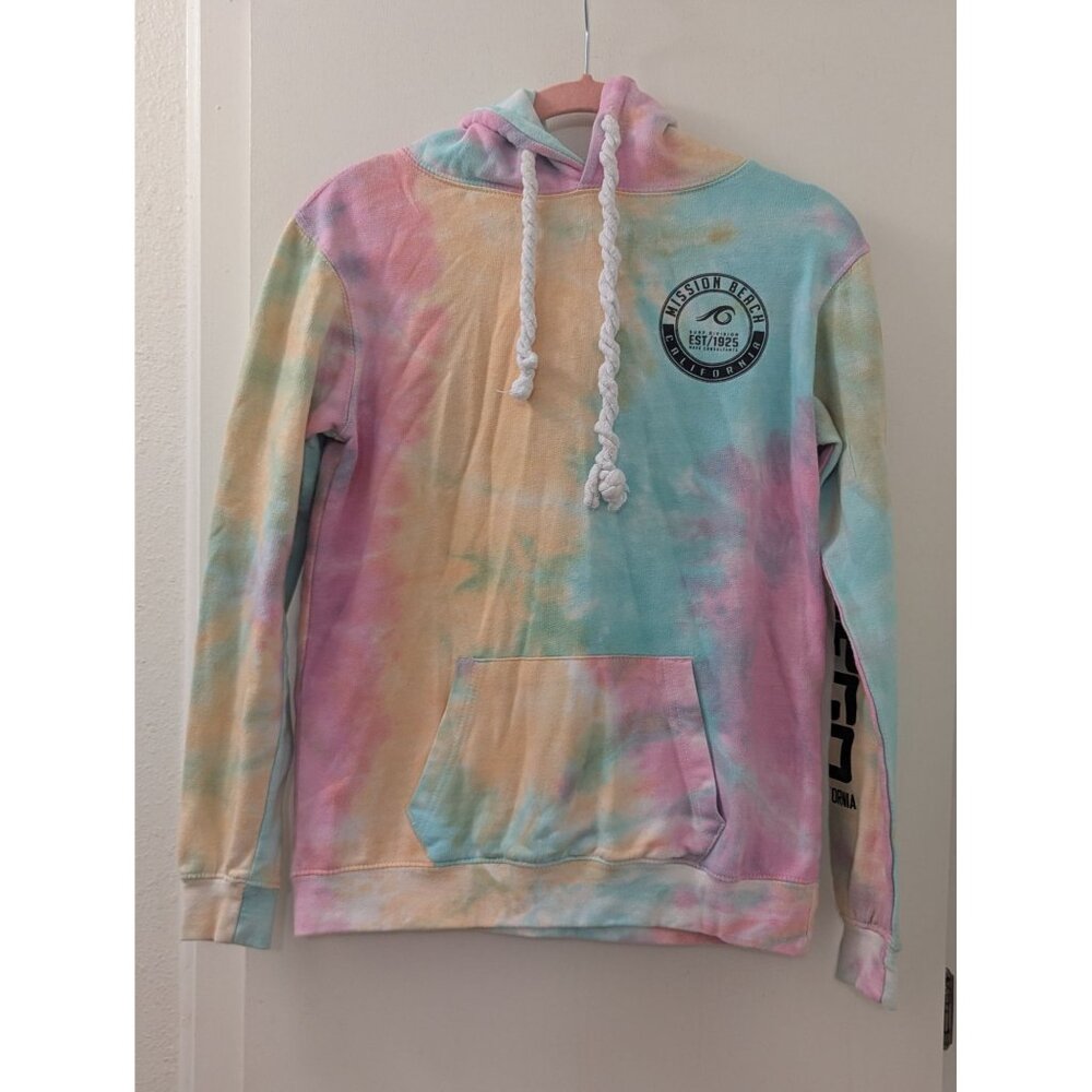 Tie-Dye Hoodie With Mission Beach California Surf Print Kangaroo Pocket & Drawst